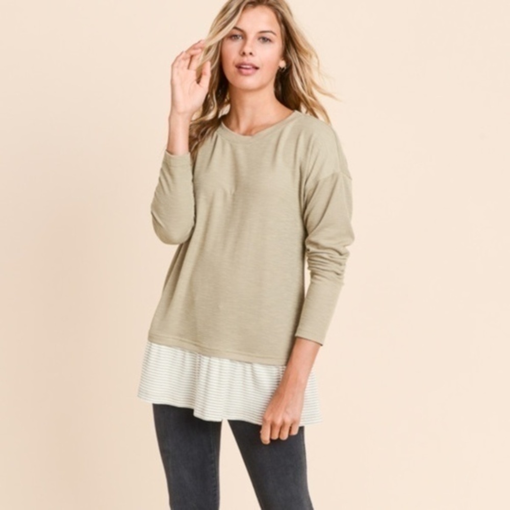 Doe & Rae Green Knit Top with Striped Hem NWT